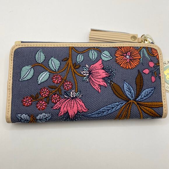 Spartina 449 Tassel Snap Zip Wallet Blue Floral Linen Canvas Embroidered NWT - Picture 2 of 7